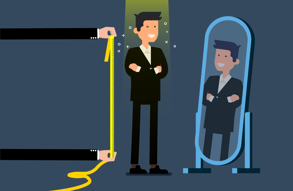 Image of a man standing in front of the mirror, being measured for a suit