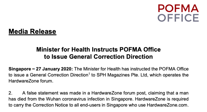 HardwareZone Forum Pofma Correction for False Wuhan Virus Death Claim in Singapore–Don't Miss This Update!