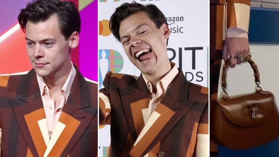 brit-awards-2021:-harry-styles-steals-show-with-vintage-gucci-suit,-brown-purse