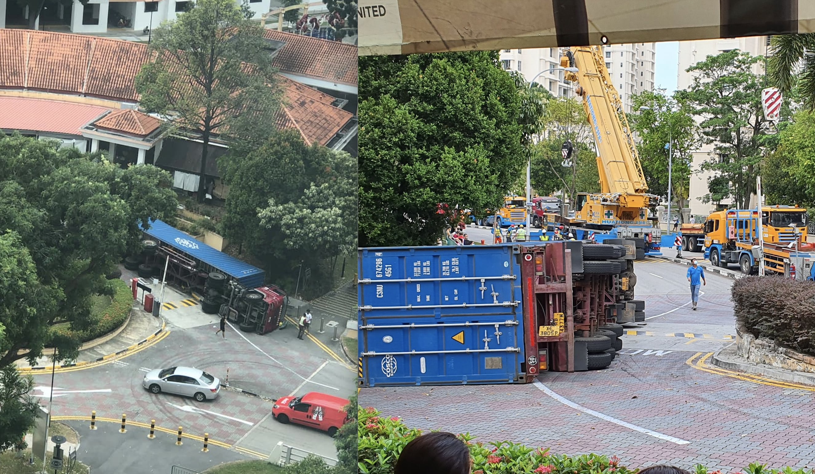 Trailer truck topples over after driver fails to turn at Bedok Reservoir View roundabout