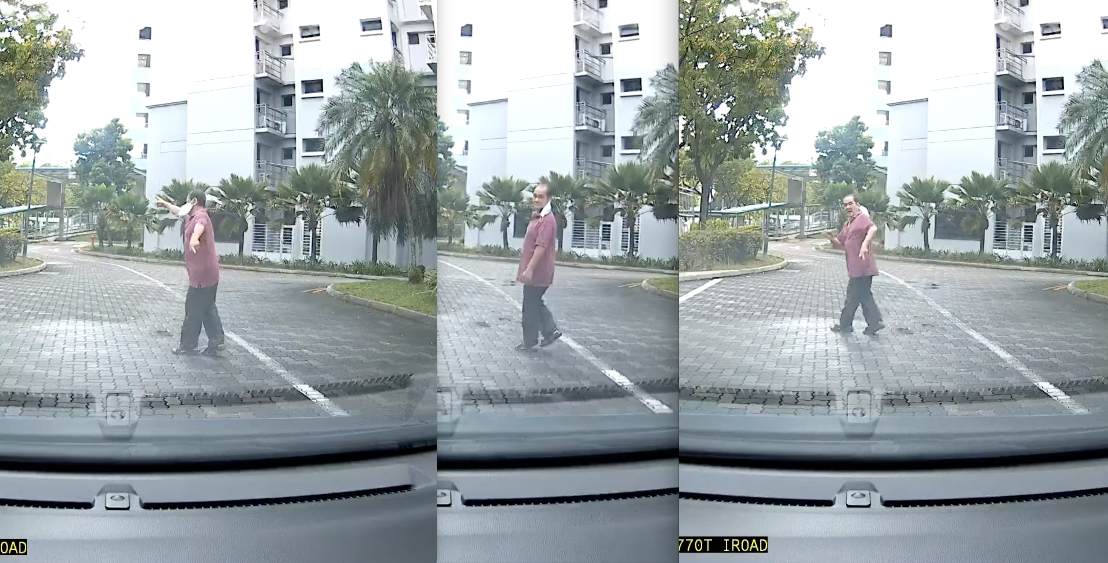 Uncle takes his sweet time crossing HDB driveway, gets angry for being honked at