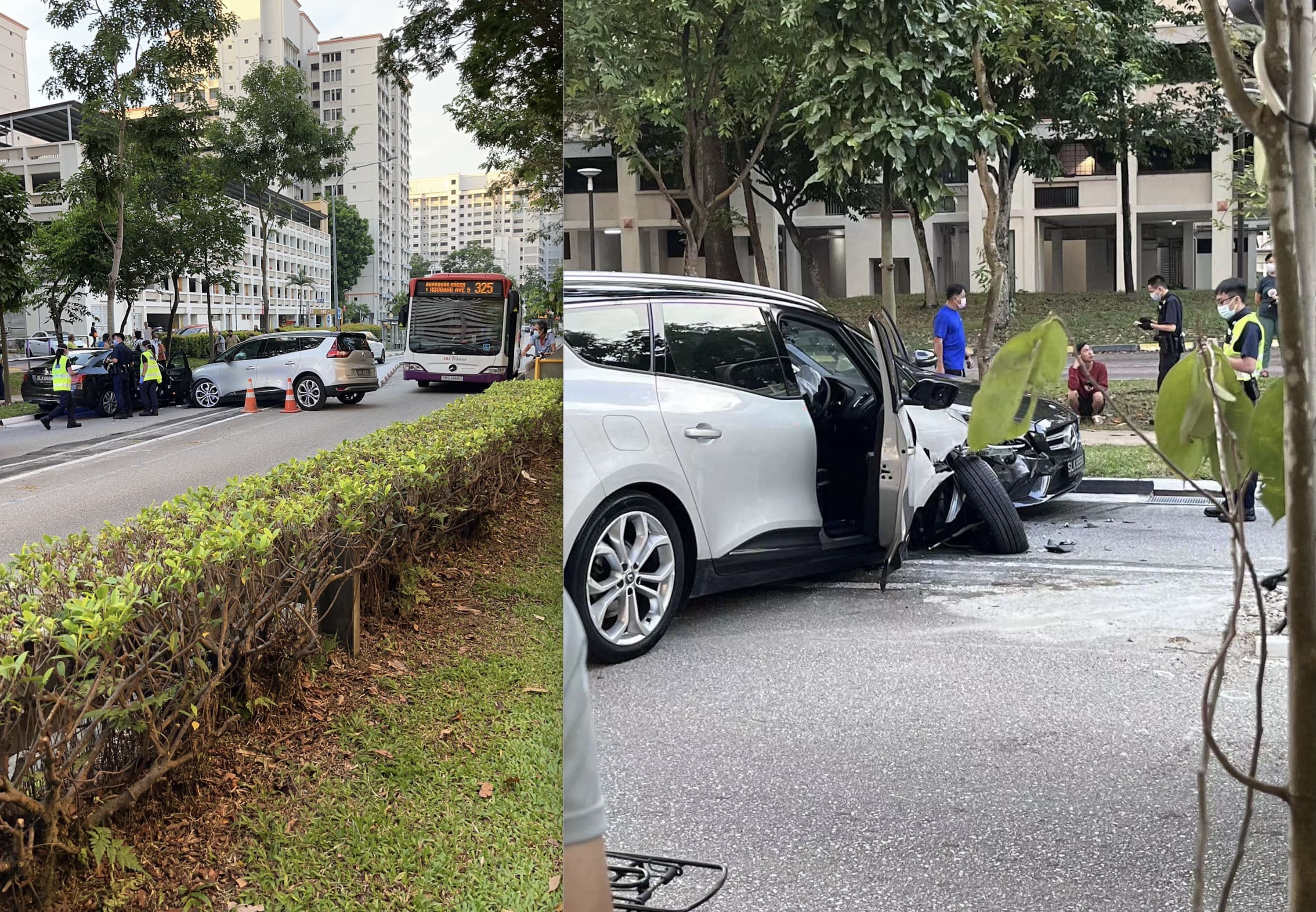 Illegal U-turn attempt at Hougang Street ends up in major accident for Mercedes & Renault