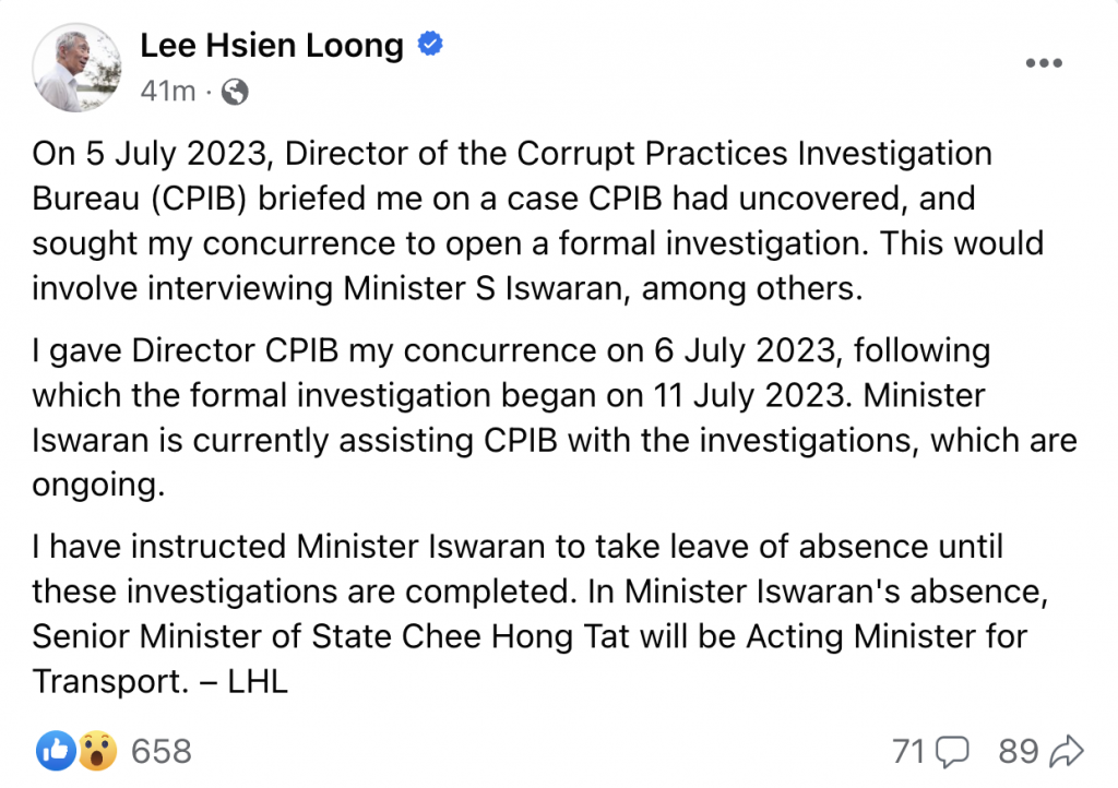 PM Lee tells Transport Minister S Iswaran to take a leave of absence ...