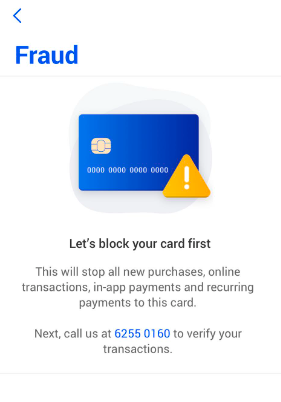 Prompt how to block card in a fraud attempt