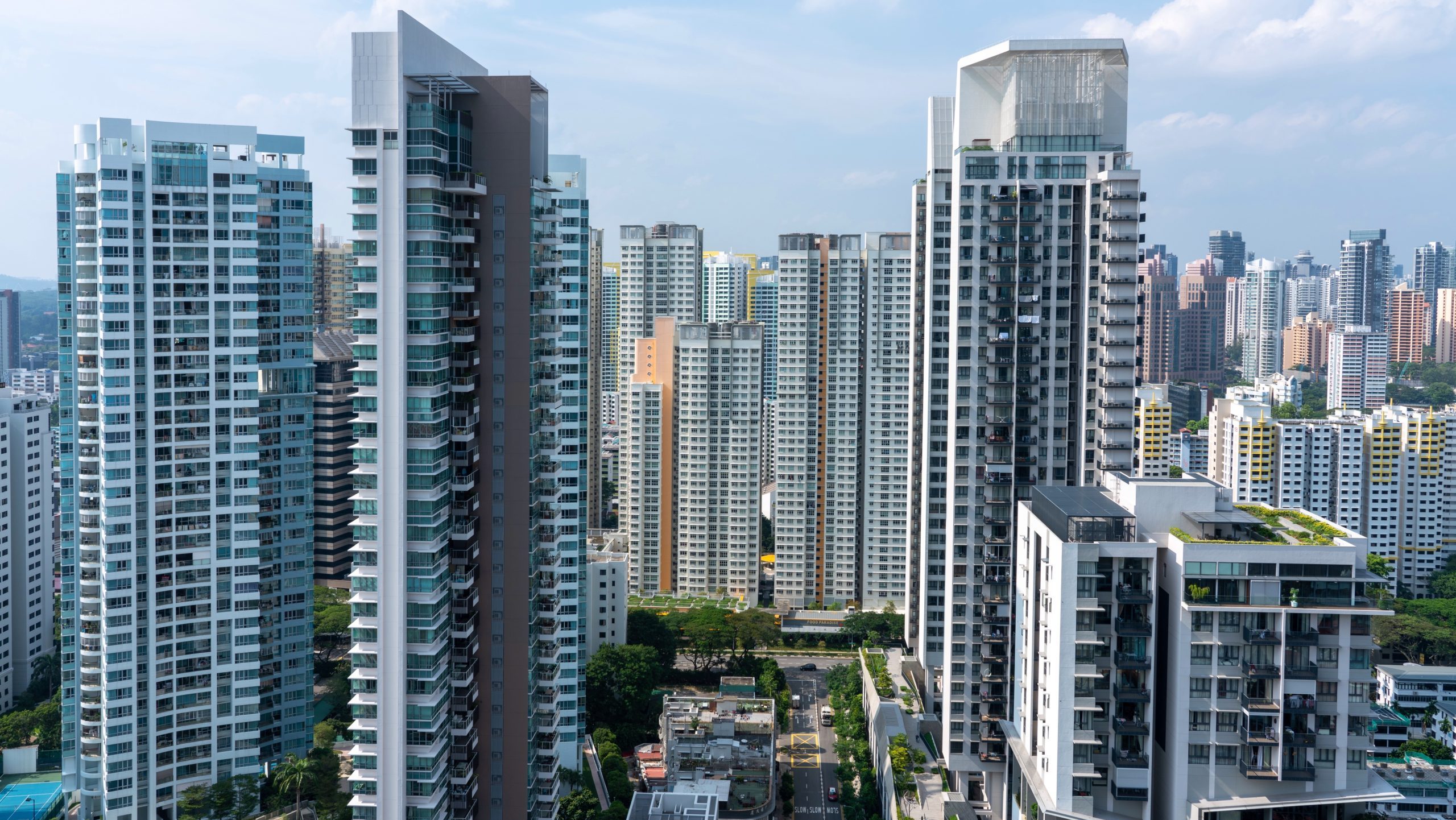 Aerial view of Singapore cityscape.