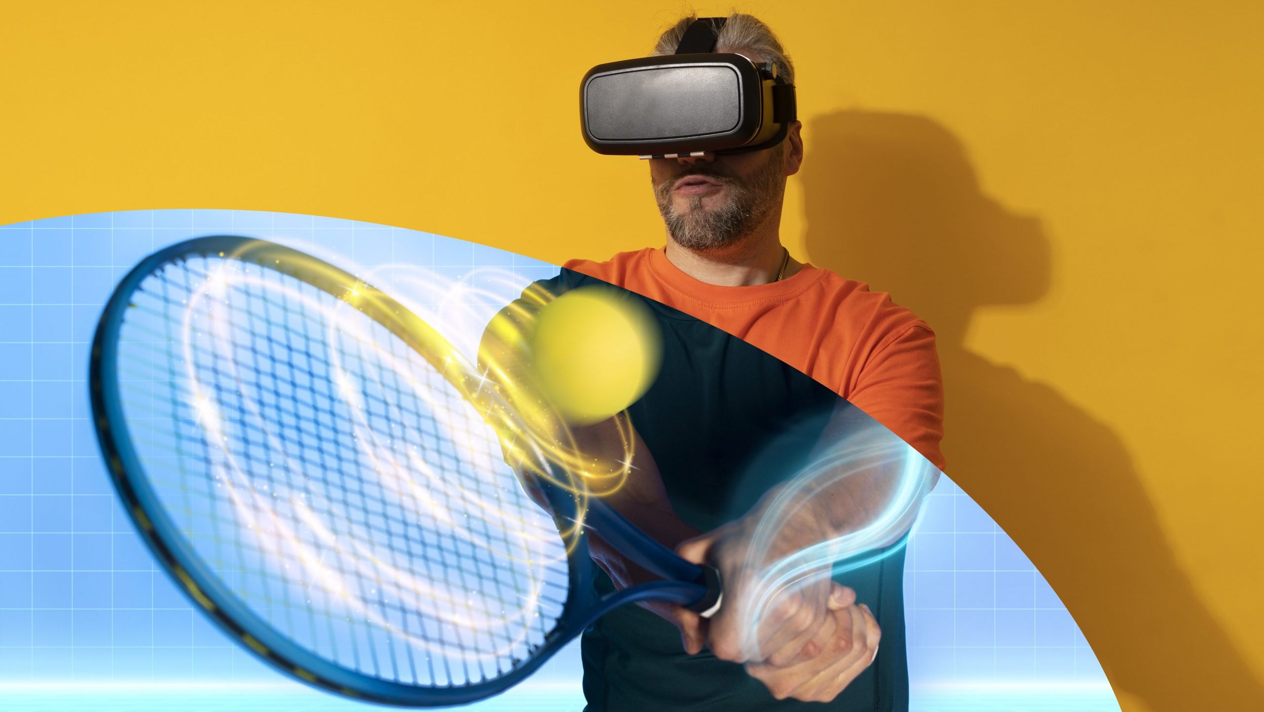 man with VR headset playing tennis