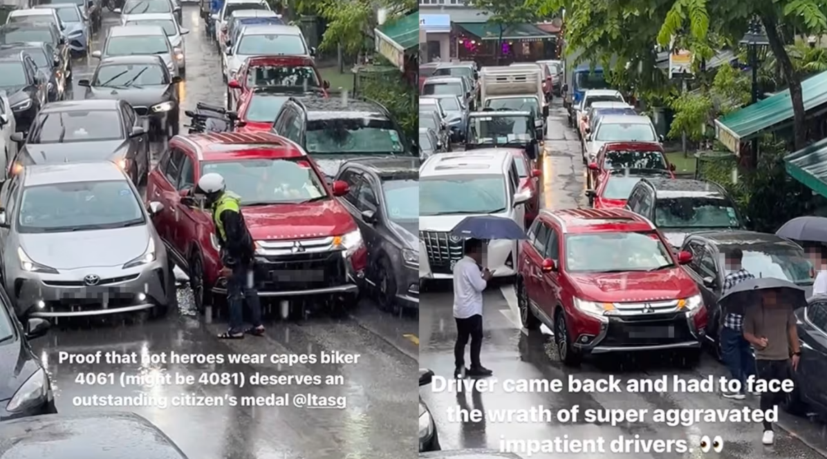 Double-parked car blocks traffic, sparking public outrage; motorcyclist helps direct cars