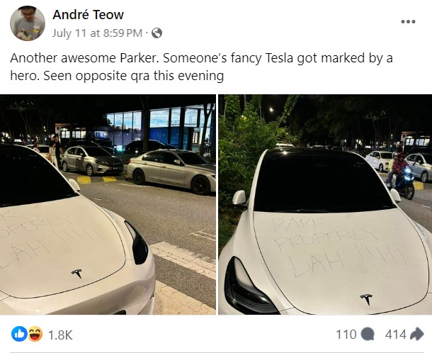 “Estaciona correctamente, ¿verdad?”  – El propietario de un Tesla recibe un costoso recordatorio escrito en su automóvil para cerrar el paso de peatones » Noticias de Singapur