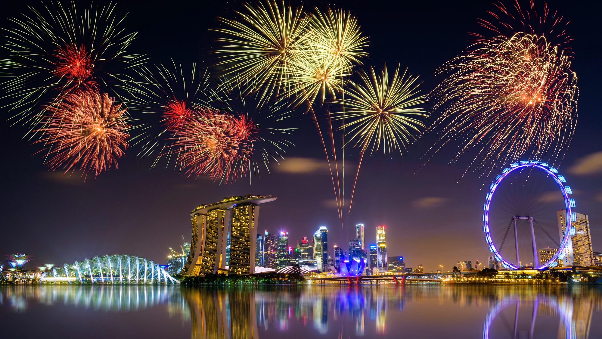 Fireworks over Marina bay in Singapore