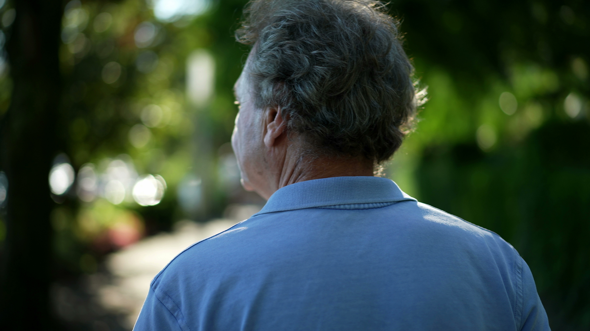 Back of an old person in a path walk.