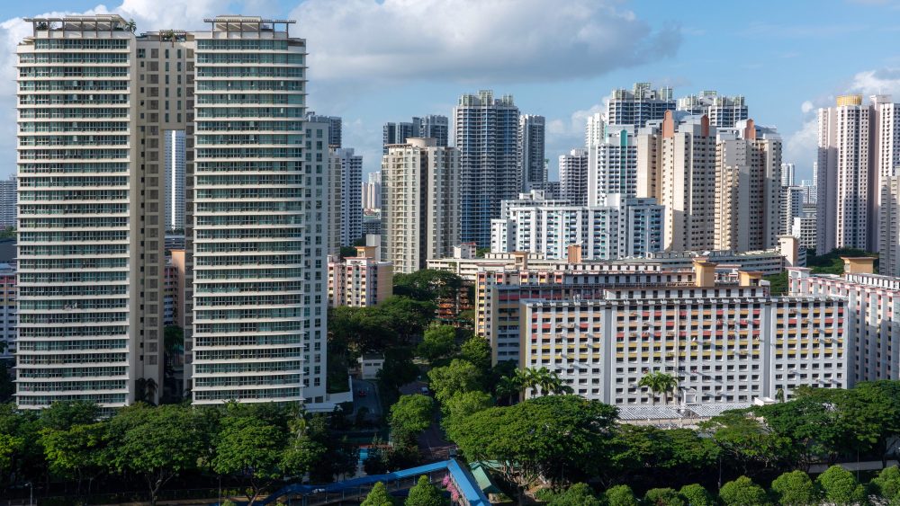 Aerial shot of city buildings in Toa Payoh Singapore under a blue sky