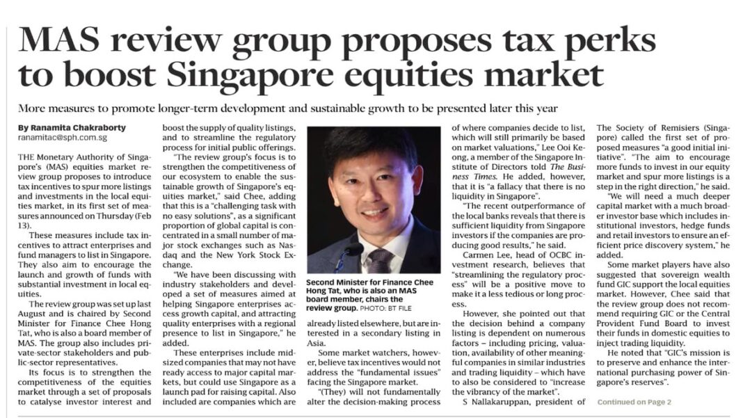 Newspaper about MAS review group to boost Singapore's equity market led by Second Minister for Finance Mr Chee Hong Tat