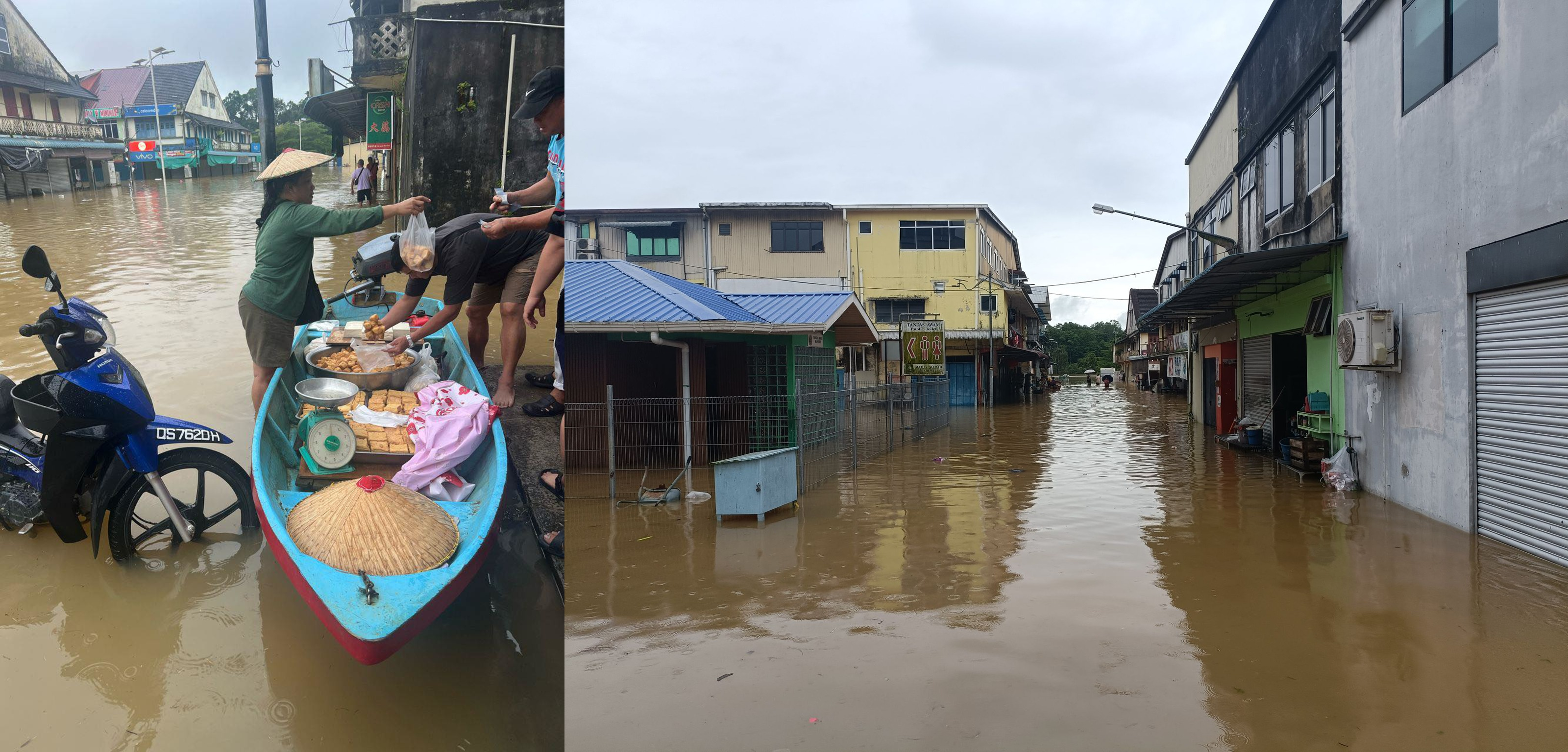 Hawker selling bean curd in a boat amid Kanowit flood