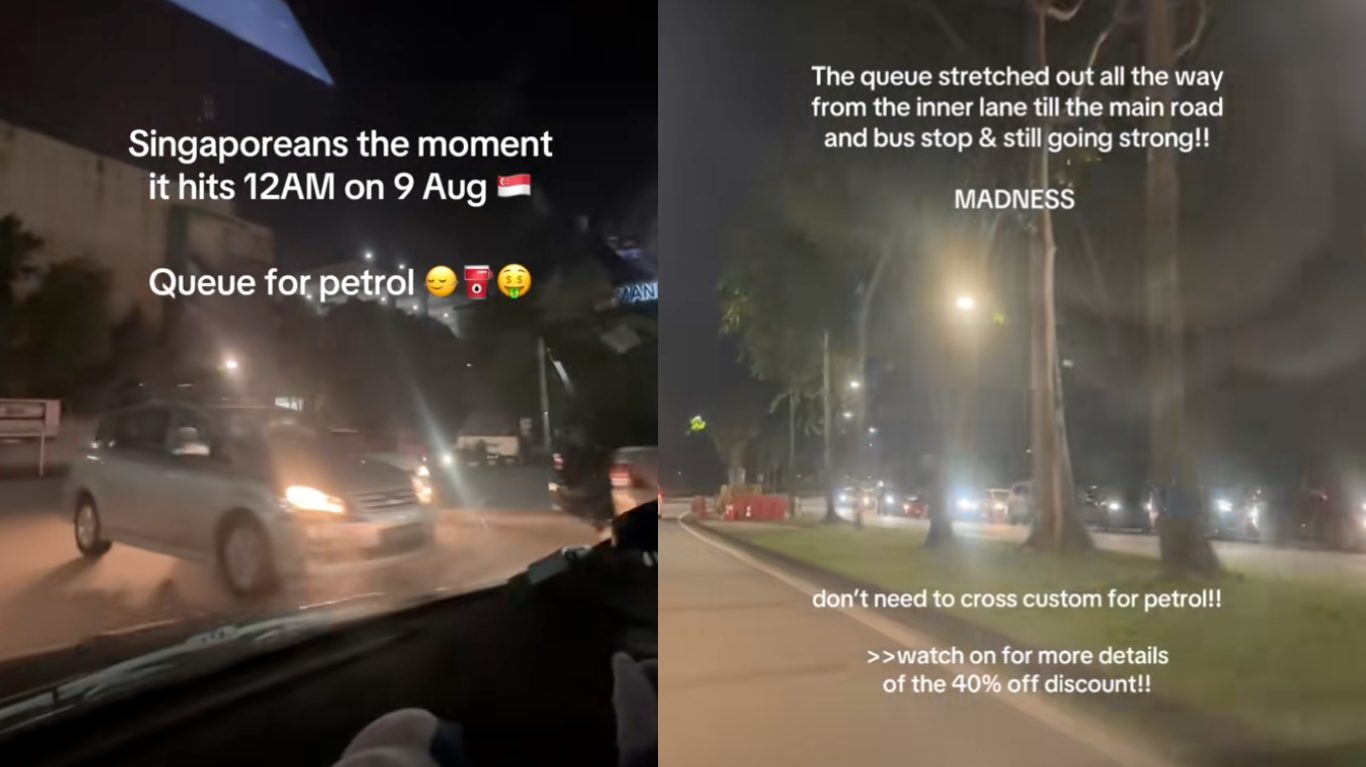 Motorists queue before midnight on Aug 8 at Smart Energy station due to 40% off on petrol and diesel in celebration of Singapore’s 60th birthday