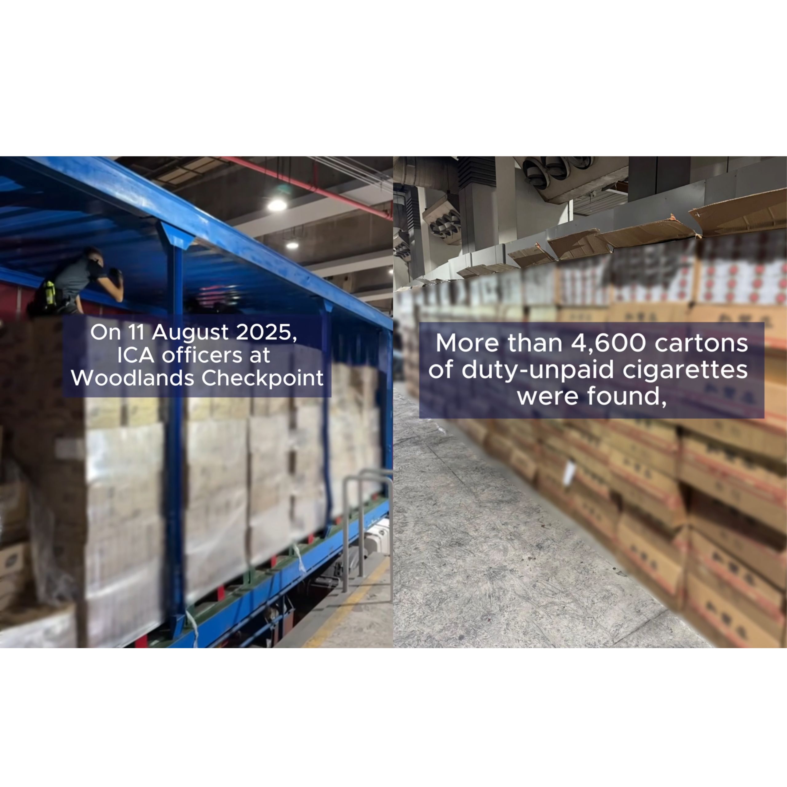 ICA finds over 4,600 cartons of duty-unpaid cigarettes hidden among bottled drinks in Malaysia-registered lorry at Woodlands Checkpoint