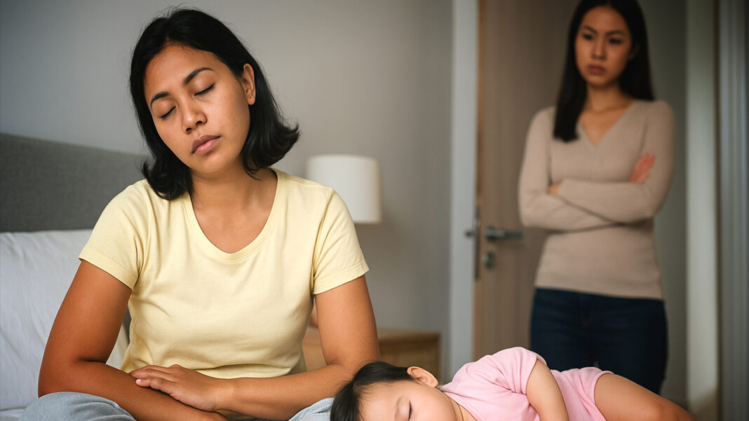 A tired maid in yellow rests on a bed with her eyes closed beside a sleeping baby in pink, while an upset woman, the maid's employer stands in the background, arms crossed