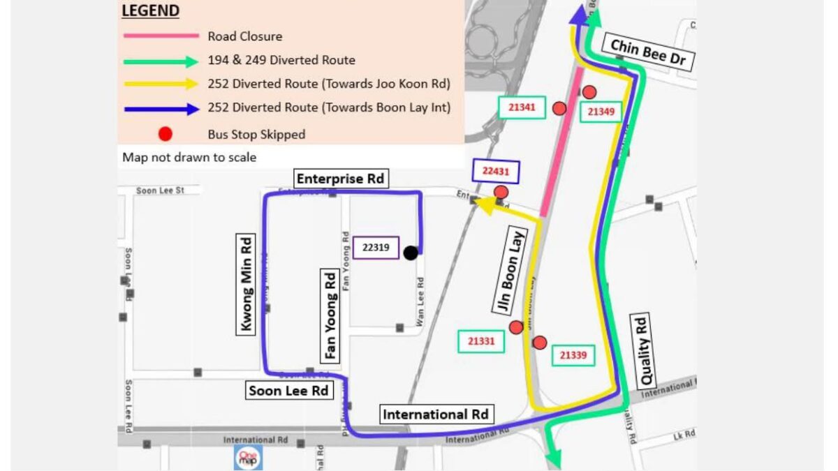 PSA: Bus services 252 and 249 to skip stops on Nov 30 due to Jalan Boon Lay  road closure - Singapore News