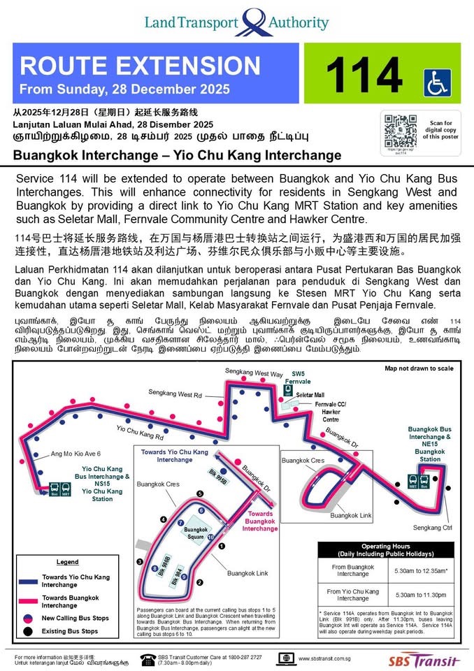 LTA to extend Service 114 route, adding 42 new stops and bi-directional loop from Dec 28