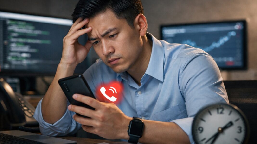 A young IT employee studies his phone late at night as work notifications blur the line between office hours and personal time, reflecting the pressure of being on standby around the clock.