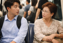 Passenger encounters ‘weird auntie on MRT’ who told him, ‘Excuse me, don’t you think you’re sitting too close to me? It’s not very polite’ A young man in a blue shirt with an elderly woman in a patterned blouse, looking at each other on a crowded MRT