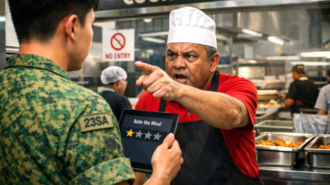 A cookhouse staff member angrily points at a Singapore soldier holding a tablet with a one-star meal rating. Kitchen background with 