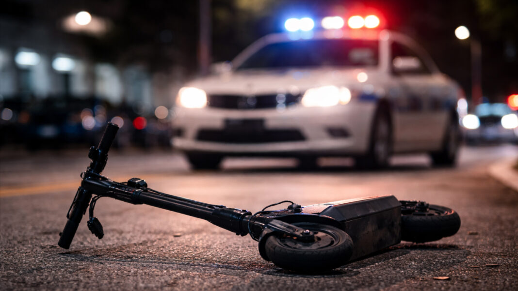 A personal mobility device lies on the road while a police car appears blurred in the background during a night enforcement response in Punggol.