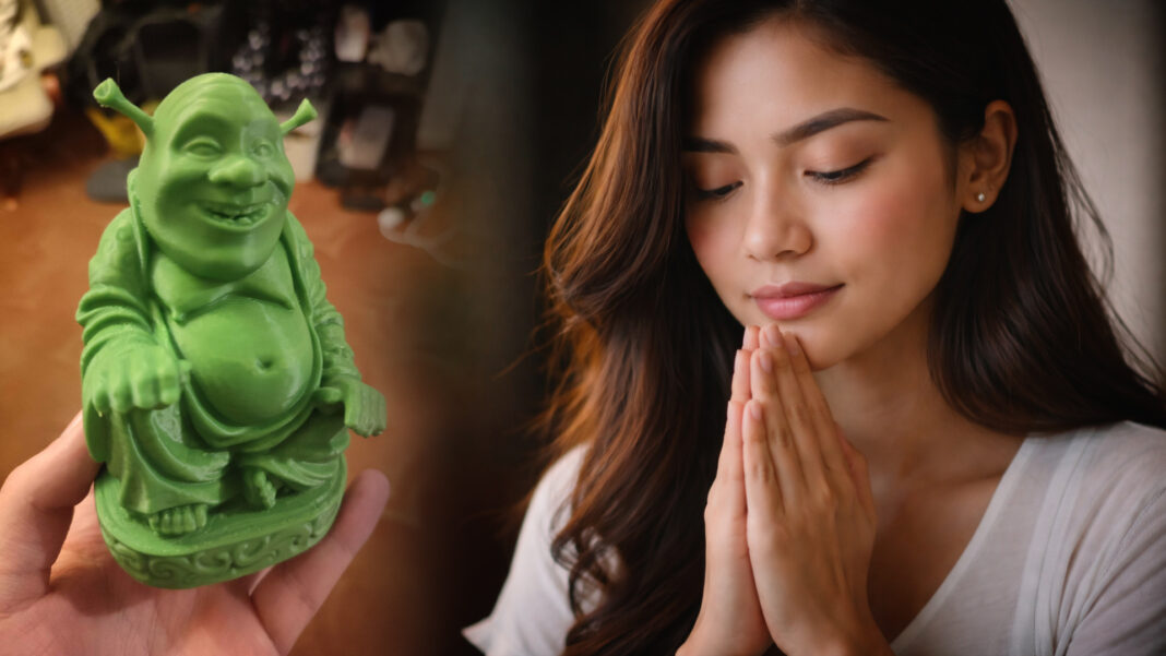 A young Filipino woman, praying to Shrek in quiet faith, believing it was the laughing Buddha, but her calm expression captures a moment of personal reflection and sincerity.