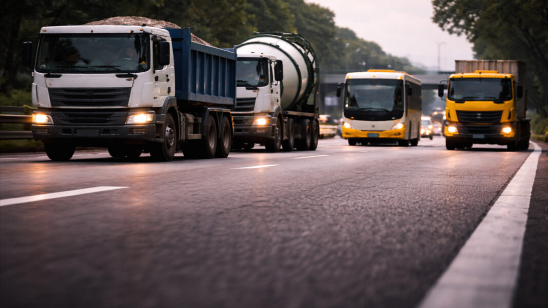 Heavy vehicles, including trucks and buses, travel along a Singapore expressway, as police continue enforcement against speeding and non-compliant vehicles.