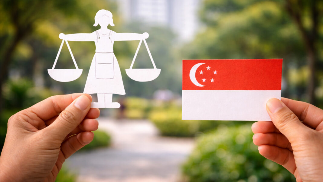 Hands hold a paper cutout of Lady Justice in maid form, symbolizing maid rights and the Singapore flag over a blurred outdoor park in a garden background, symbolizing freedom, justice and nationality