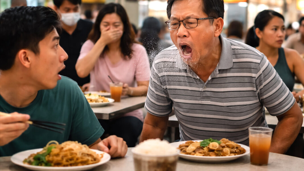 A man in a grey shirt with black stripes sneezes and coughs without covering his mouth at a busy food court, shocking a nearby diner. Other diners look concerned or cover their nose and mouths.