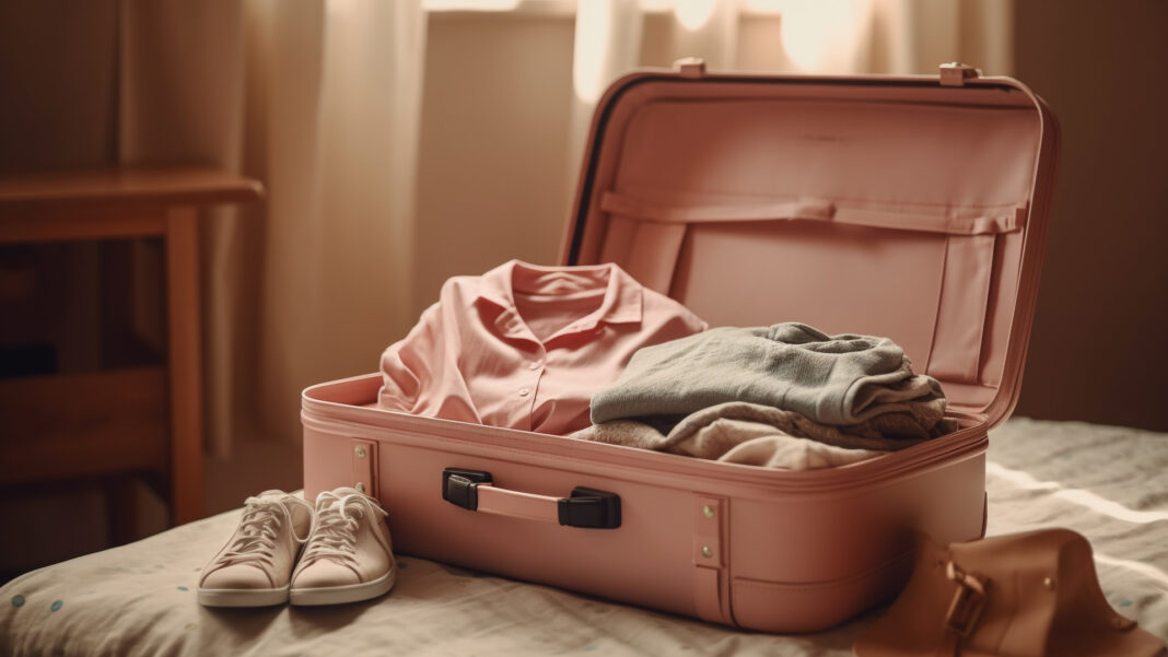 Stacked luggage and clothing ready for travel adventure
