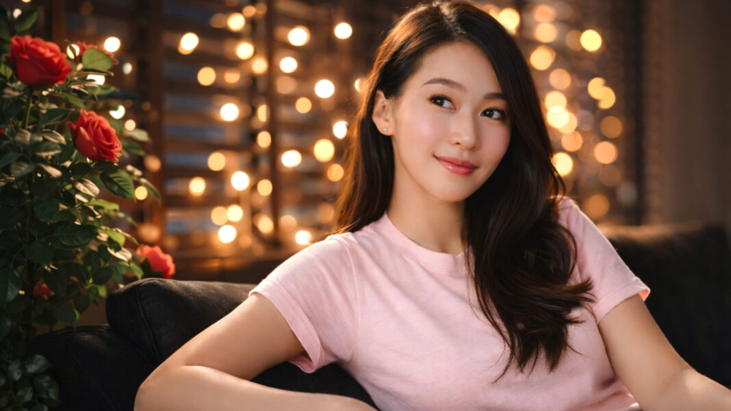 A young woman relaxes on a black sofa beside a bouquet of red roses, bathed in warm ambient lights that create a cozy, romantic atmosphere