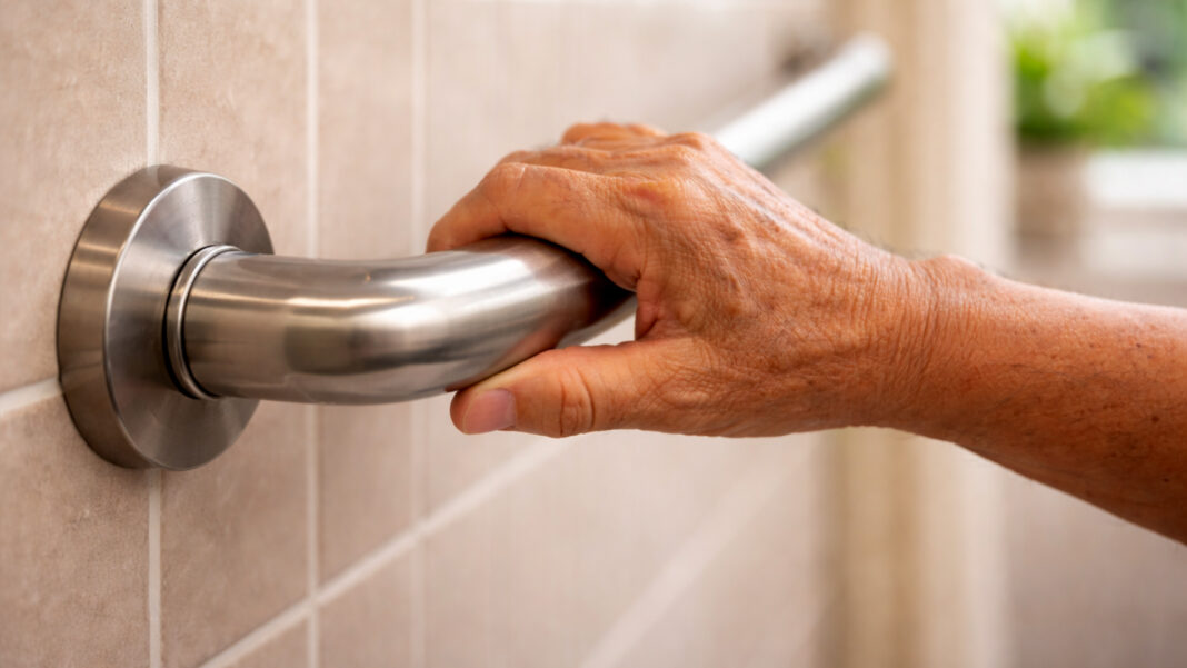 Close-up of an elderly Asian man’s hand holding a wall-mounted grab bar/handrail in a tiled bathroom