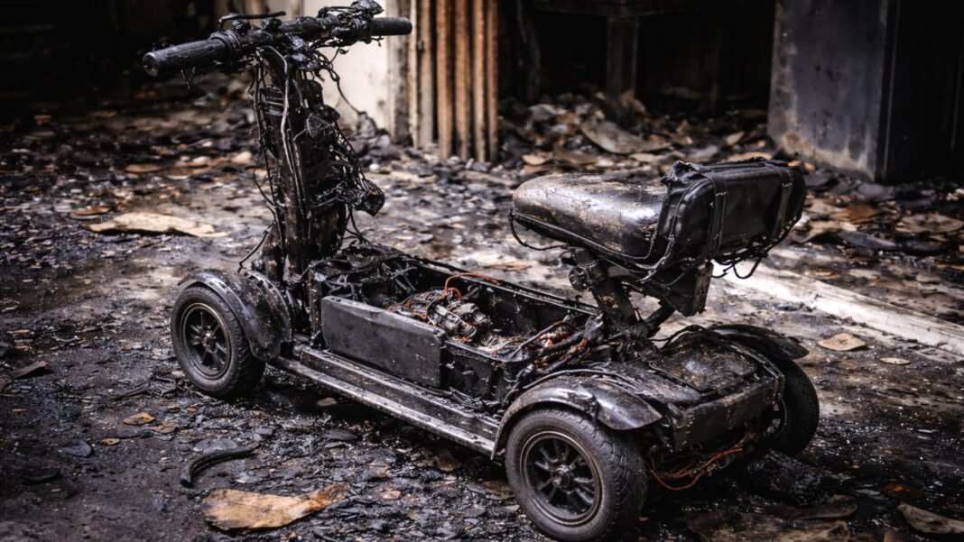 A close-up view of a mobility scooter severely damaged by fire, showing melted components and exposed wiring