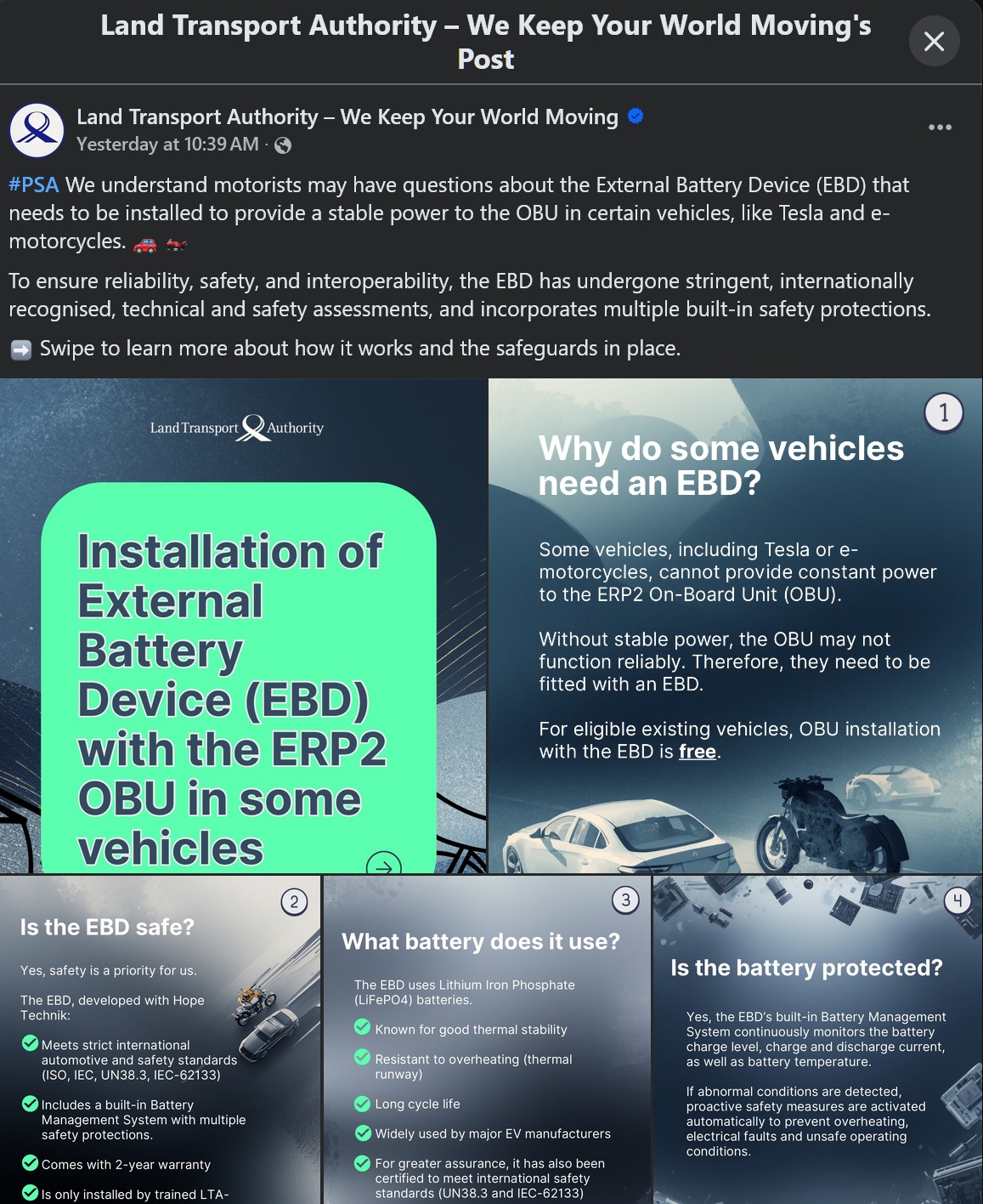 LTA: Tesla car owners need to install external battery for ERP 2.0 OBU; device meets safety standards, doesn't charge continuously 1 LTA Tesla car owners need to install external battery for ERP 2.0 OBU device meets safety standards doesnt charge continuously