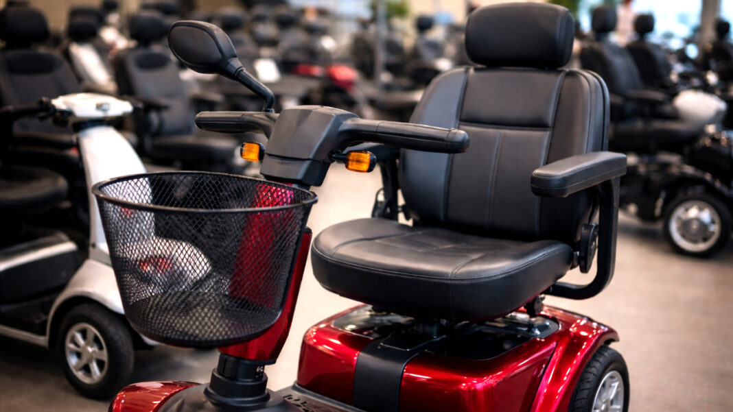 A motorised mobility scooter is displayed inside a retail showroom