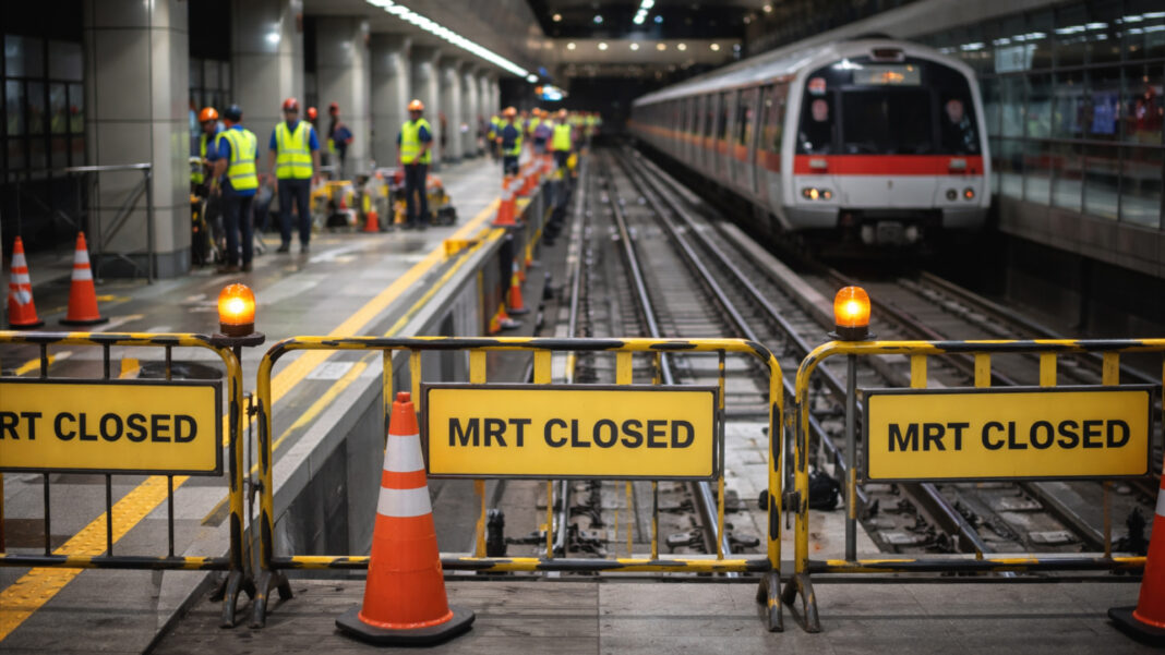 Maintenance crew working along train tracks during scheduled engineering hours at a city rail station