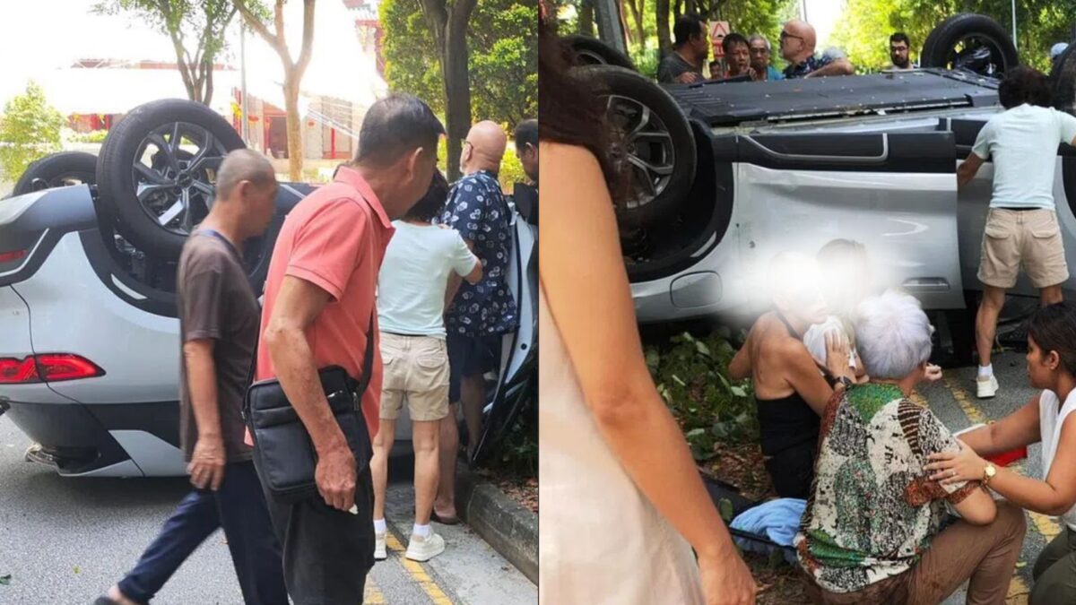 Car accidentally flips and traps front-seat passengers, passersby help others out