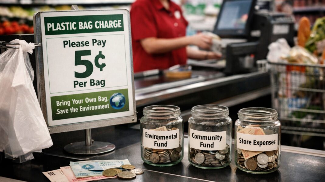 A plastic bag charge notice at a supermarket checkout counter