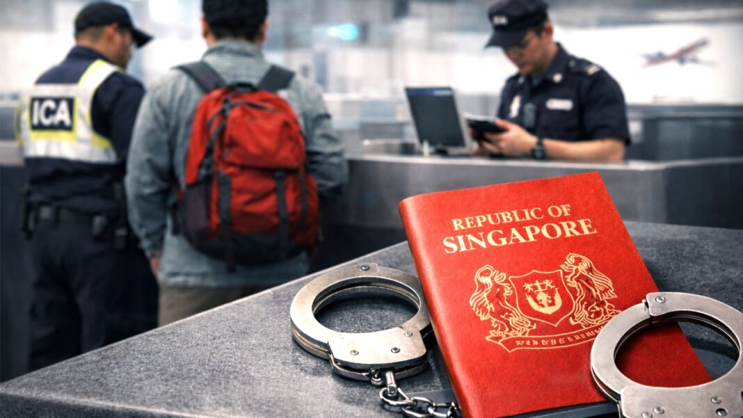 Singapore passport and metal handcuffs on a counter, with immigration officers and travellers in the background at ICA checkpoint