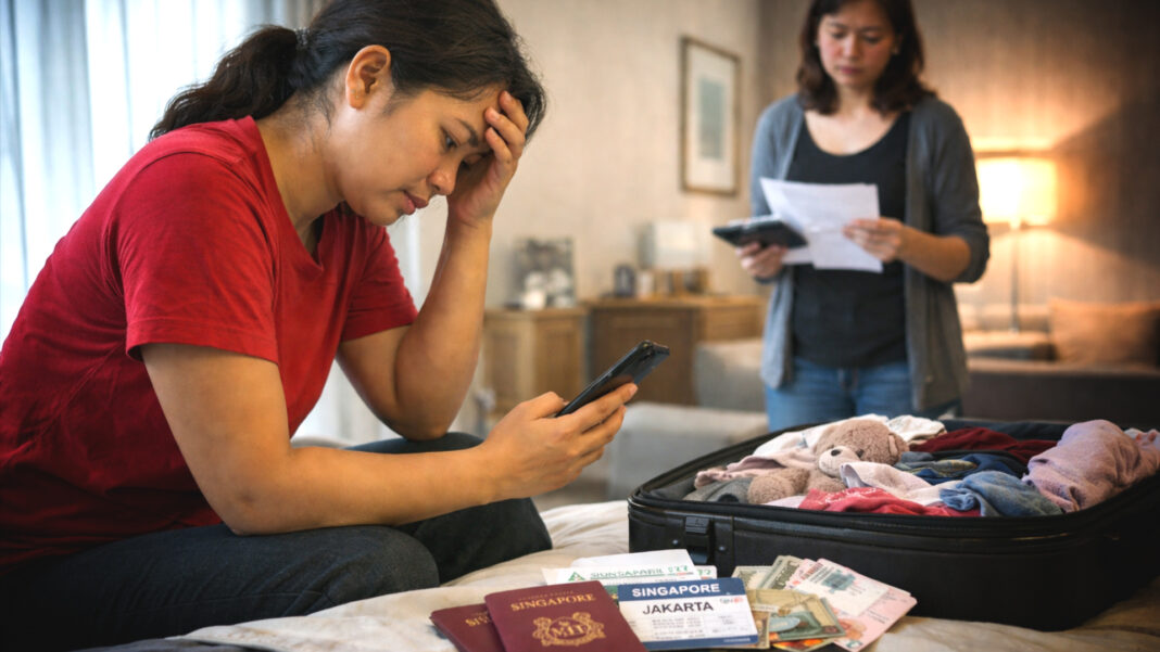 Two women in a bedroom appear stressed, each absorbed in her own thoughts, as a packed suitcase with clothes, passports, money, and travel tickets labelled 