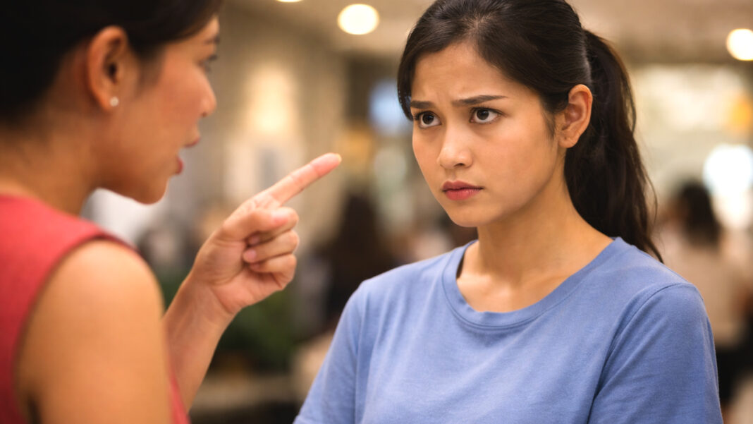A woman looks at another woman, scolding her in public, capturing the tension in a shopping complex