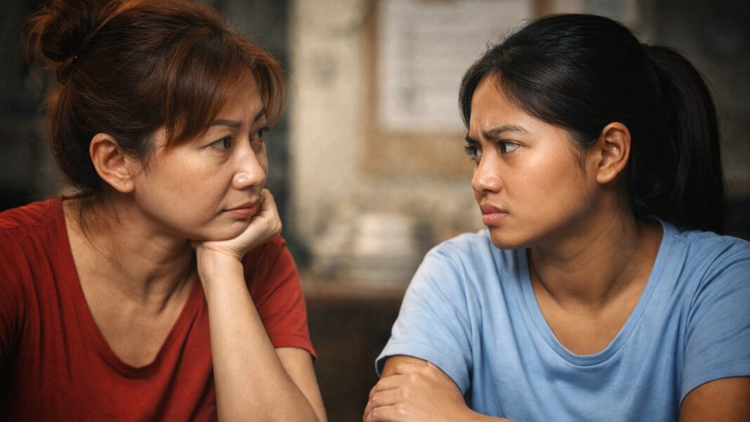 A silent moment of tension between an employer and her domestic helper, where crossed arms and steady stares at each other reveal a breakdown in communication long before words are spoken