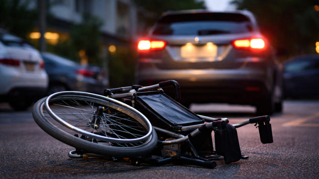 A wheelchair lies overturned on the road at a residential car park during the evening, with a car stopped ahead and its brake lights illuminated